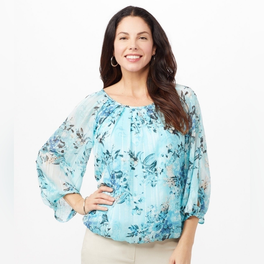 Floral Blue Women's Top Sheer Sleeves